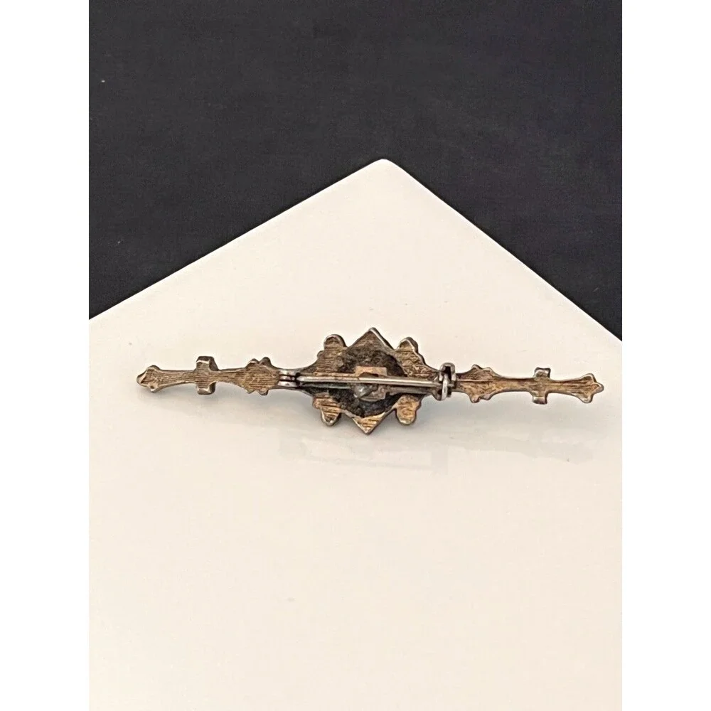 Vintage 1980s Bar Brooch Faux Pearl Rhinestone Gothic Revival - 1I